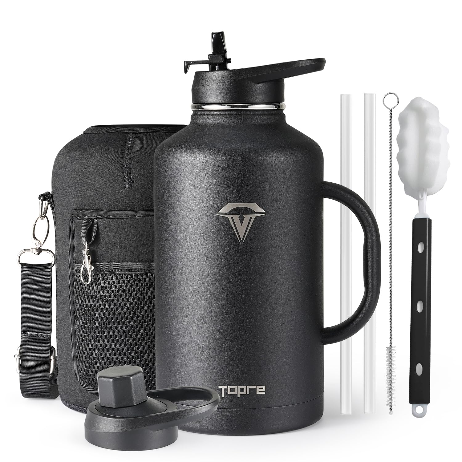 Topre Half Gallon Water Bottle with Straw and Lid, 64 oz Insulated Stainless Steel Jug with Handle,Reusable Metal Travel Flask Mug Cup With Carry Pouch and Brush,Keep Cold & Hot,Black