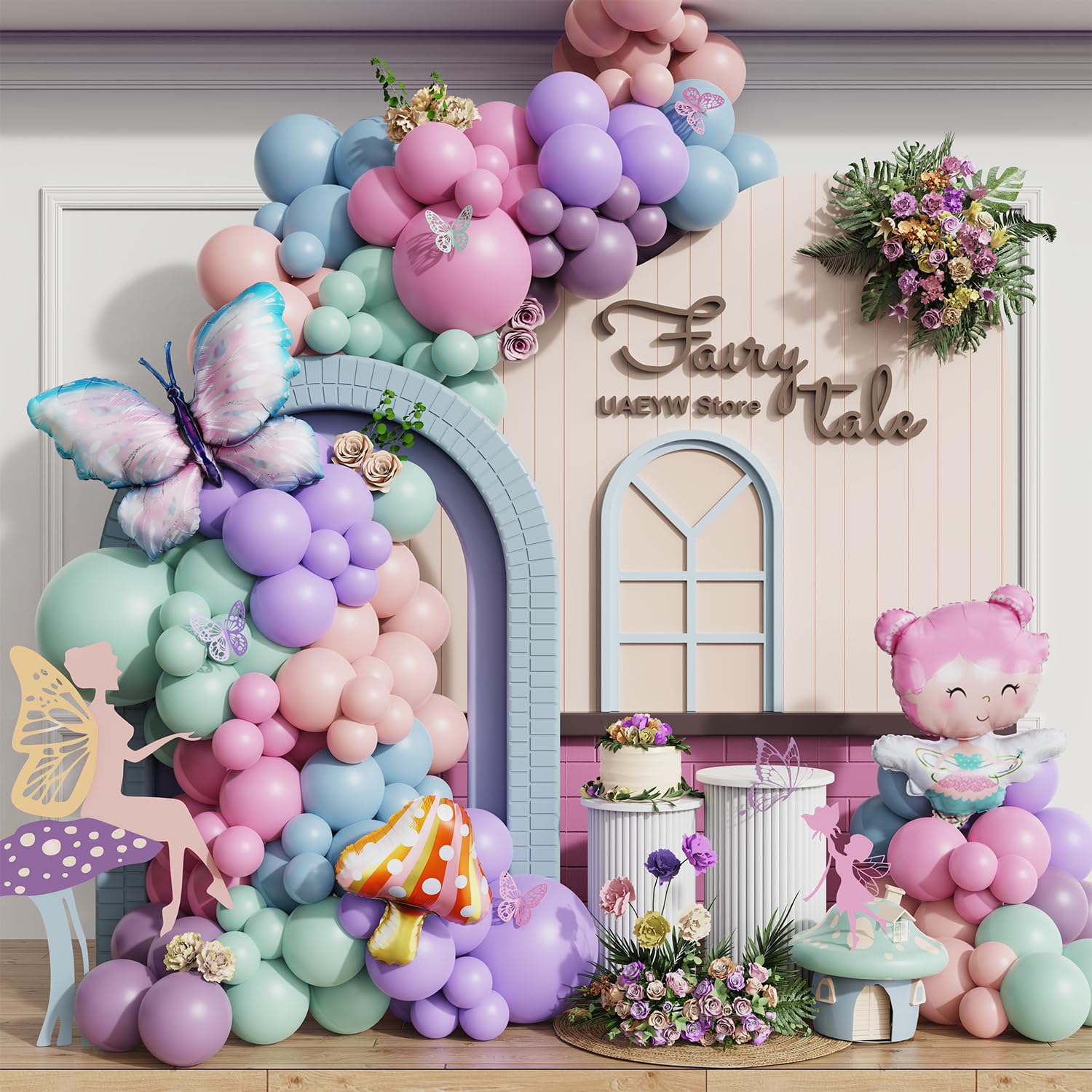 Fairy Wonderland Birthday Party Decorations,138Pcs Fairy Butterfly Mushroom Balloon Arch Garland Kit Dusty Pink Purple Blue Green Balloons for Girls Fairytale Spring Garden Tea Party Bride Baby Shower