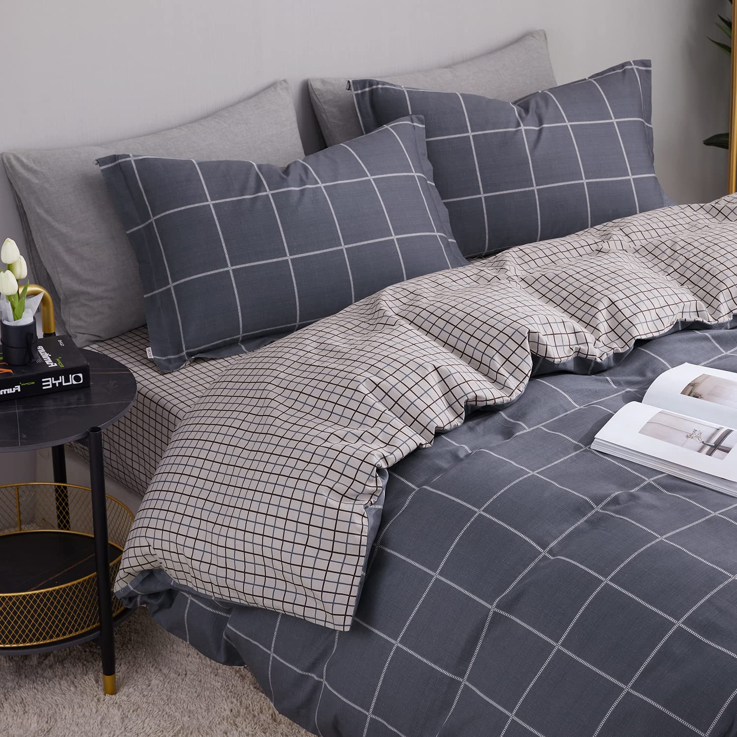 SAPHREAS Boy Gray Plaid Duvet Cover Set Twin Size Bedding Comforter Cover Set 2pcs 1 Duvet Cover 1 Pillow Sham with Zipper