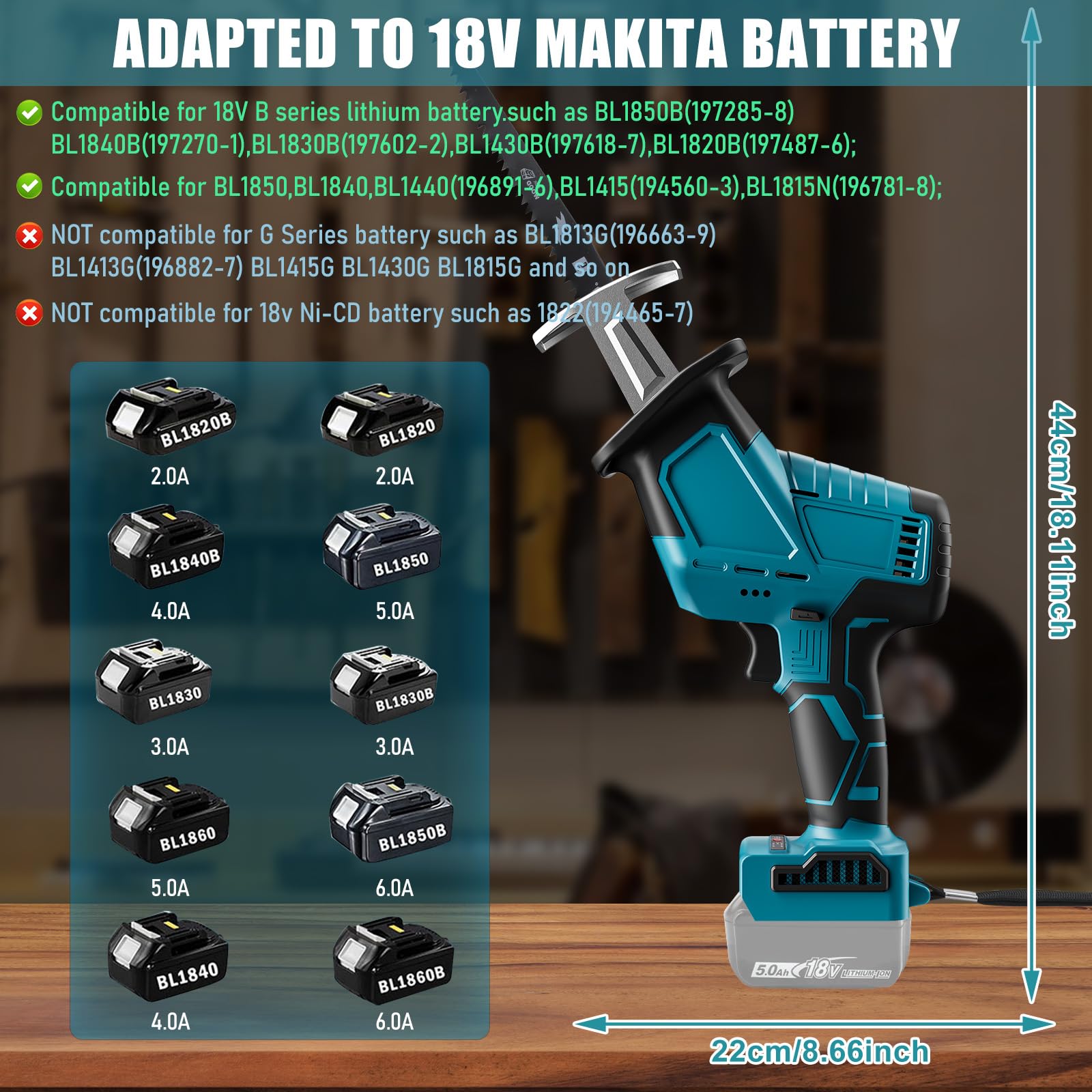 Cordless Reciprocating Saw compatible with 18V Battery makita, 3500RPM Brushless Reciprocating Saw with 4 Saw Blades, Professional Reciprocating Saw for Wood, Metal & PVC Cutting(No battery)