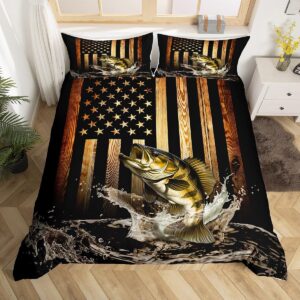 vintage american flag duvet cover set,bass fish bedding set for kids teens men adult room decor,fishing and hunting comforter cover black brown rustic farmhouse wood striped quilt cover full size