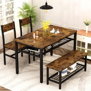 Lamerge Kitchen Tables Set for 4, Rectangular Dining Room Table Set with Bench and Chairs, 4 Pieces Dining Room Table Set with Storage Rack for Small Space, Breakfast Nook and Apartment, Rustic Brown