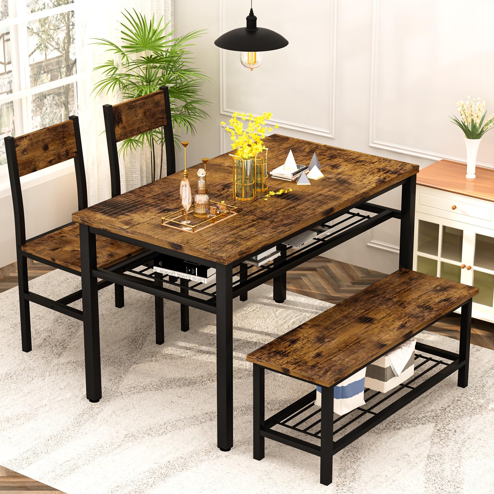 Lamerge Kitchen Tables Set for 4, Rectangular Dining Room Table Set with Bench and Chairs, 4 Pieces Dining Room Table Set with Storage Rack for Small Space, Breakfast Nook and Apartment, Rustic Brown