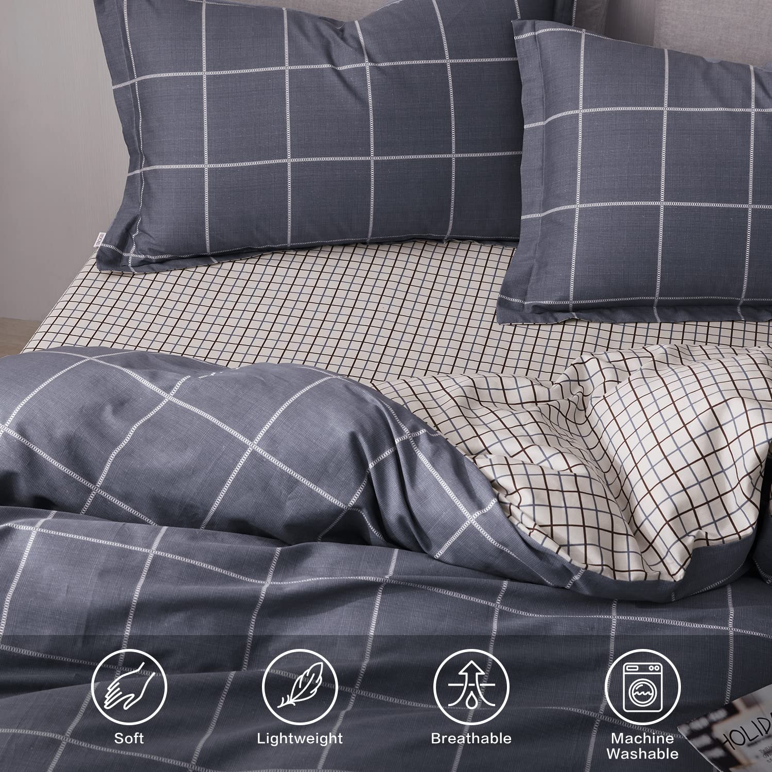 SAPHREAS Boy Gray Plaid Duvet Cover Set Twin Size Bedding Comforter Cover Set 2pcs 1 Duvet Cover 1 Pillow Sham with Zipper