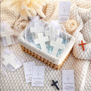 Swiffen 50 Sets Baby Shower Baptism Favors Set Cross Soap with Greeting Cards Organza Bag Scented Soap Favors Christening Communion Baptism Party Favors for Guests Party Gender Reveal Gift