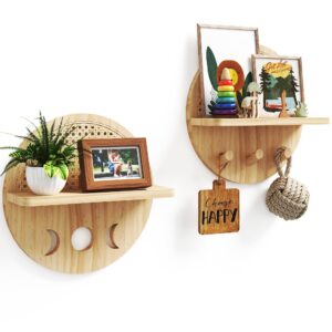 lupwneka rattan circle shelf set of 2, natural wood shelves wall mount, boho nursery floating shelves with wooden hooks, rustic decorative shelves for clothes hats, kitchen, bathroom, living room