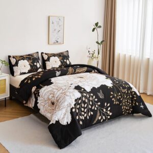 PERFEMET Floral Comforter Set King, White Botanical Flower and Gold Leaves Pattern Printed on Black Design, Soft Reversible Garden Style Butterfly Print Bedding Set for Men Women (Black, King)