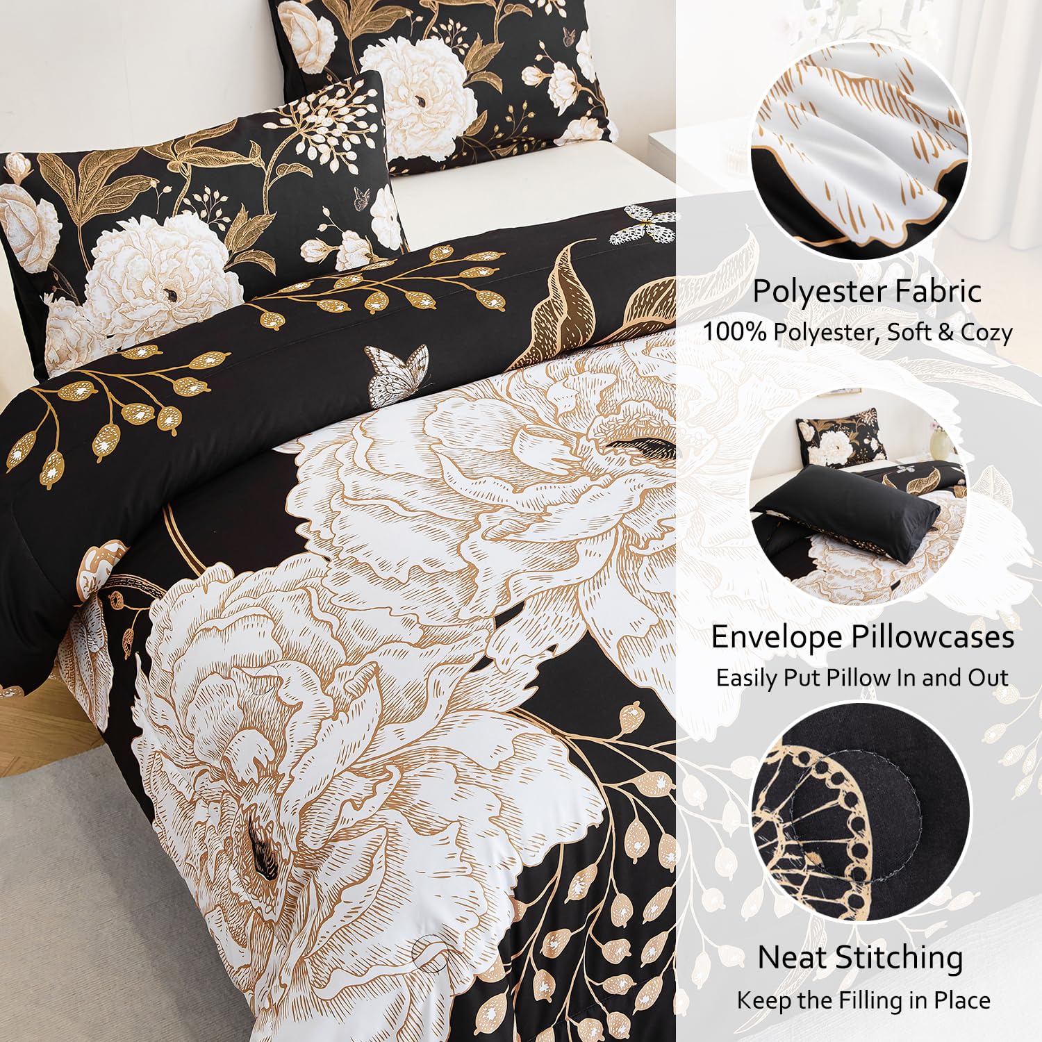 PERFEMET Floral Comforter Set King, White Botanical Flower and Gold Leaves Pattern Printed on Black Design, Soft Reversible Garden Style Butterfly Print Bedding Set for Men Women (Black, King)