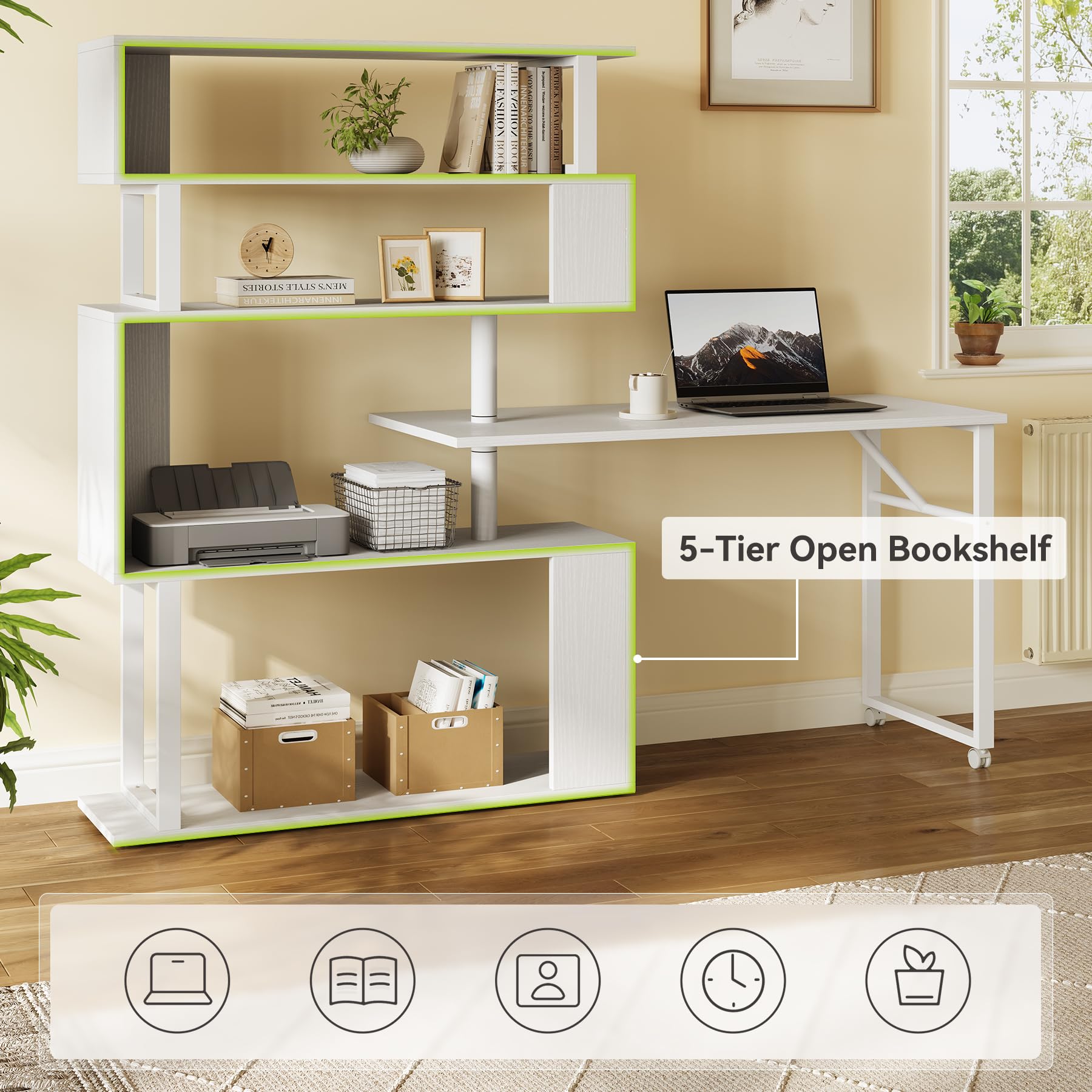 LITTLE TREE White Rotating Desk with Bookshelf, L-Shaped Computer Desk with Shelves, Reversible Writing Desk and Bookcase Combo with Storage for Home Office