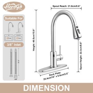 Touchless Kitchen Sink Faucet with Pull Down Sprayer, Herogo Brushed Nickel Stainless Steel Smart Activated Kitchen Faucet with Soap Dispenser, Single Handle Motion Sensor Faucet for Farmhouse RV Sink