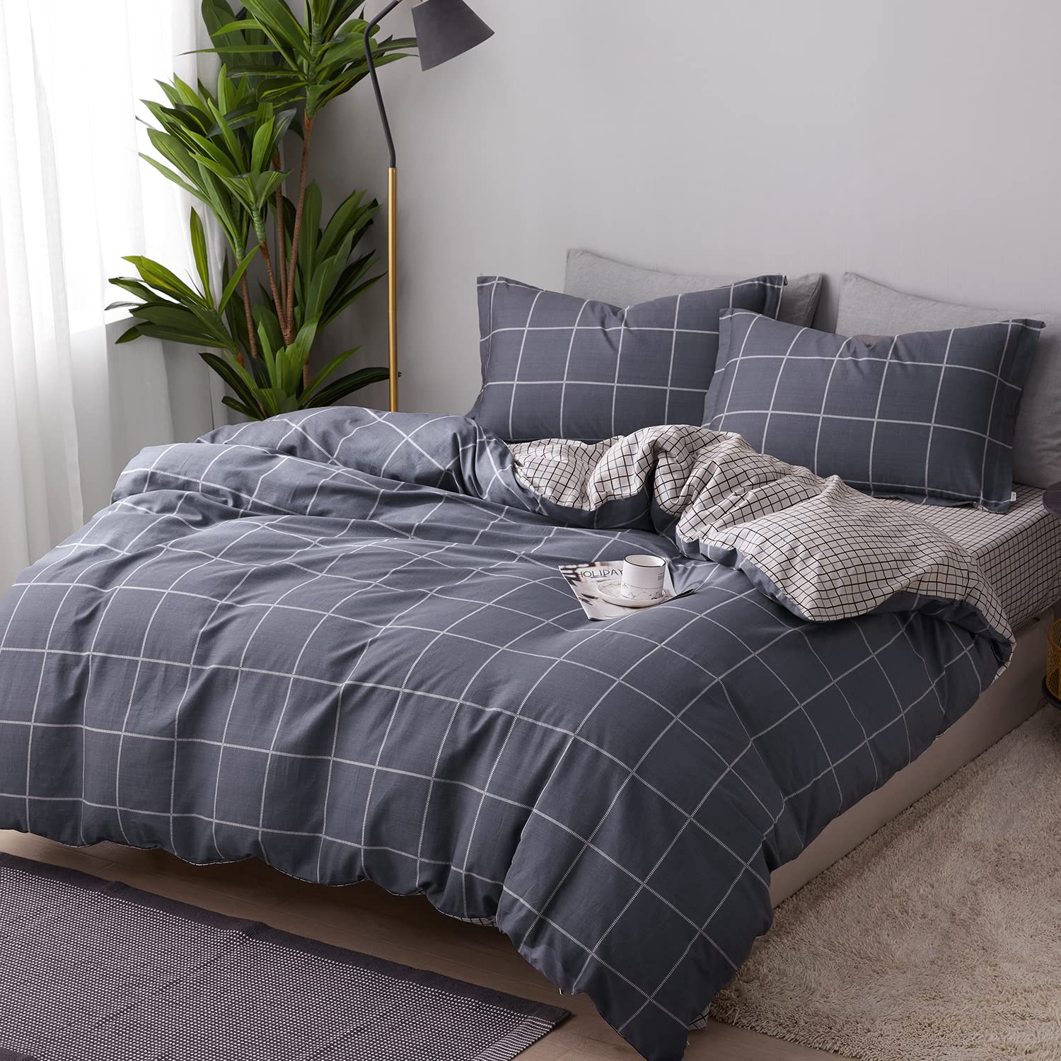 SAPHREAS Boy Gray Plaid Duvet Cover Set Twin Size Bedding Comforter Cover Set 2pcs 1 Duvet Cover 1 Pillow Sham with Zipper