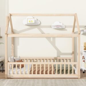 MERITLINE Twin Size Floor Bed for Kids, Wooden Twin Montessori Floor Bed Frame with Rails and Slats, Twin House Bed for Kids, Girls & Boys, Natural