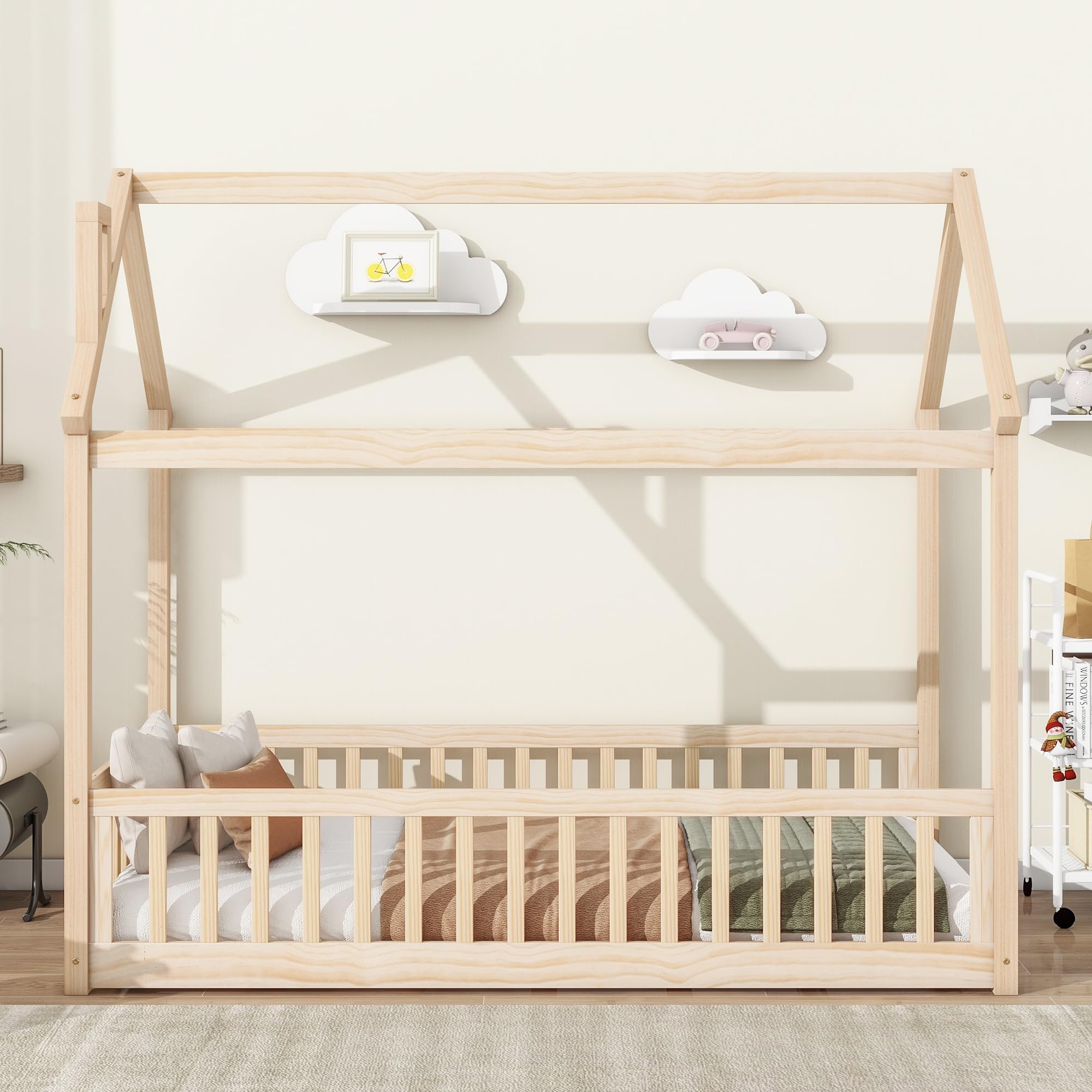 MERITLINE Twin Size Floor Bed for Kids, Wooden Twin Montessori Floor Bed Frame with Rails and Slats, Twin House Bed for Kids, Girls & Boys, Natural