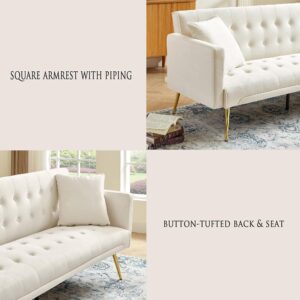 Anwick 72" Velvet Satin Futon Sofa Bed,Convertible Sleeper Couch Bed with 2 Pillows,Modern Tufted Recliner Loveseat with Golden Metal Legs for Small Home Office Living Room (Beige-Button Tufted)