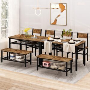 Lamerge Kitchen Tables Set for 4, Rectangular Dining Room Table Set with Bench and Chairs, 4 Pieces Dining Room Table Set with Storage Rack for Small Space, Breakfast Nook and Apartment, Rustic Brown