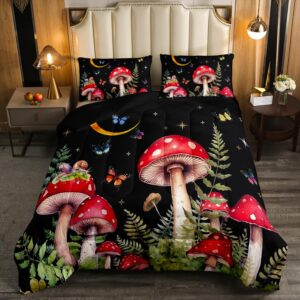 erosebridal twin comforter set for girls boys kids black mushroom bedding set kawaii room decor,wild fungus plants nature comforter set star moon starry sky butterfly bed set 2pcs