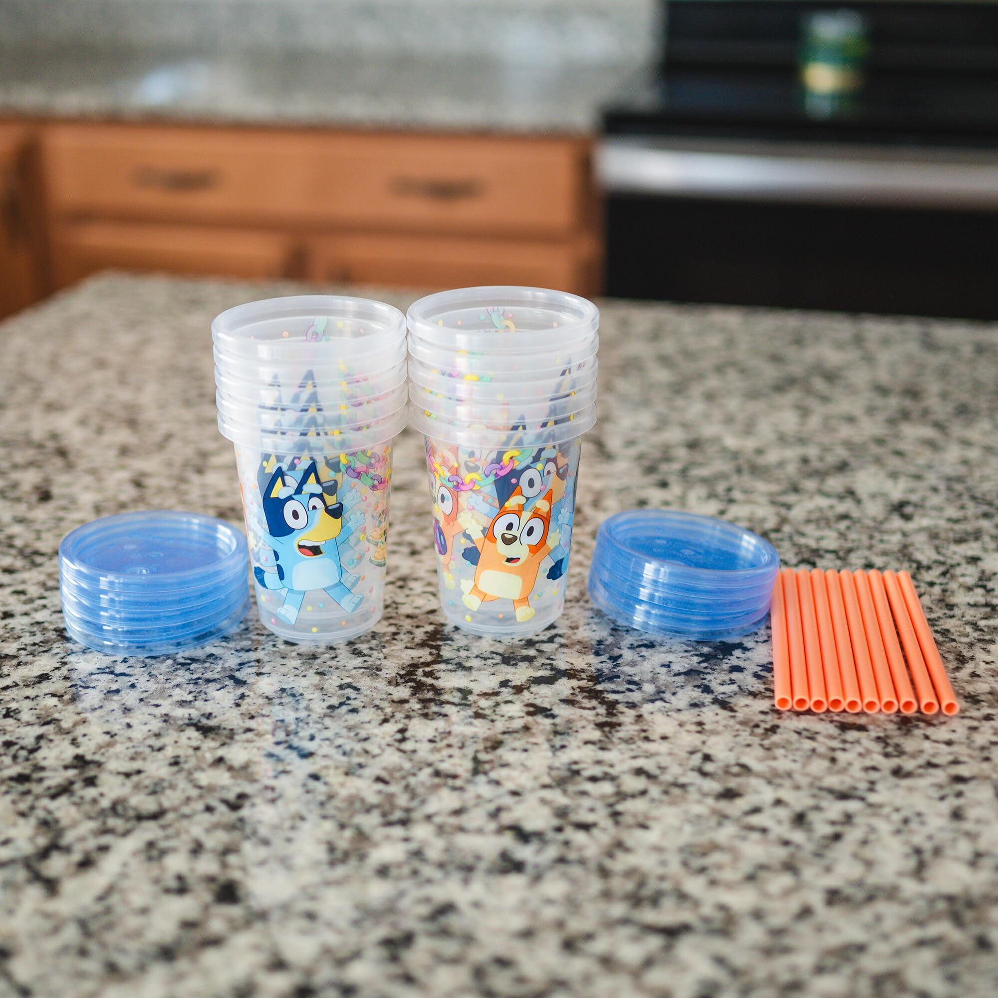 The First Years Bluey Take & Toss Toddler Straw Cups - Spill Proof Toddler Sippy Cups with Snap On Lids and Straws - Bluey Gifts and Bluey Party Supplies - 10 Oz - 10 Count