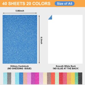 40 Sheets 20 Colors Glitter Cardstock, BetyBedy Cricut Paper Cardstock, No-Shed Sparkly Glitter, A5 Glitter Paper for Arts and Crafts - Card Making, Scrapbooking, DIY Projects