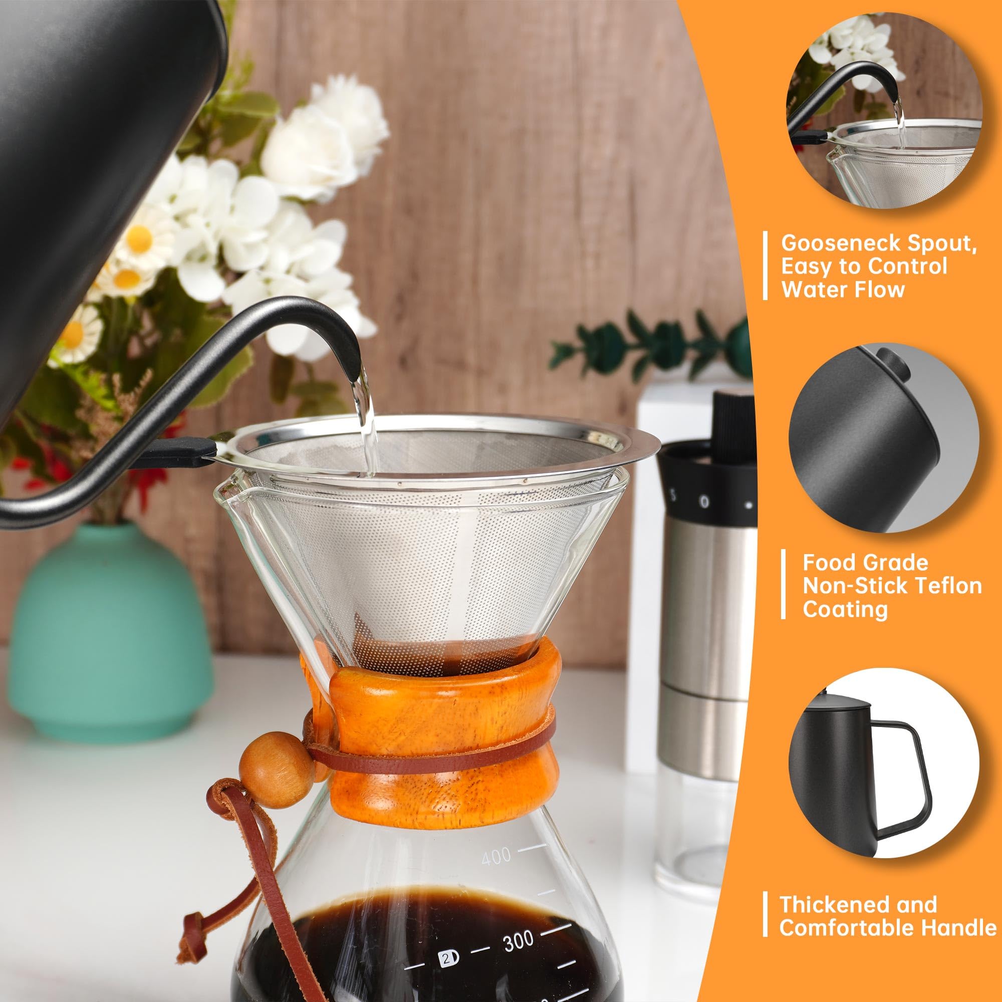 Pour Over Coffee Kit Chemex Coffee Maker Set, All in One Hand Drip Coffee Set, Coffee Grinder Manual Set, Ideal for Anniversary Birthday Gift