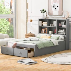 CITYLIGHT Full Size Bed Frame with Bookcase Headboard and 2 Drawers, Wood Full Size Platform Bed with Charging Station for Kids Teens Adults, No Box Spring Needed, Grey