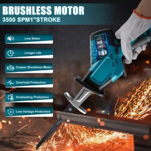 Cordless Reciprocating Saw compatible with 18V Battery makita, 3500RPM Brushless Reciprocating Saw with 4 Saw Blades, Professional Reciprocating Saw for Wood, Metal & PVC Cutting(No battery)