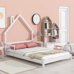 floor bed for kids, full size montessori bed with house shape headboard, wood house bed with slats for boys girls, low platform bed, no box spring needed, white