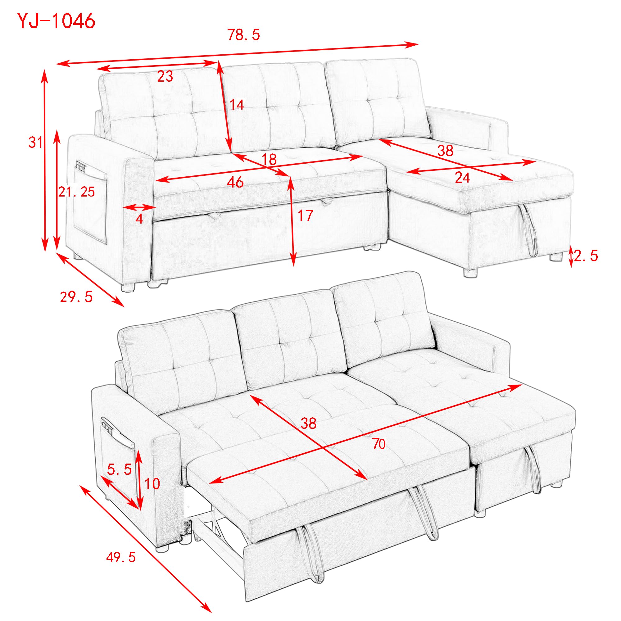 Pull Out Sleeper Sofa Convertible L-Shape Sofa Bed Reversible Sectional Couch with Storage Chaise and Side Storage Bag, Living Room Sofa Set for Living Room (Black)