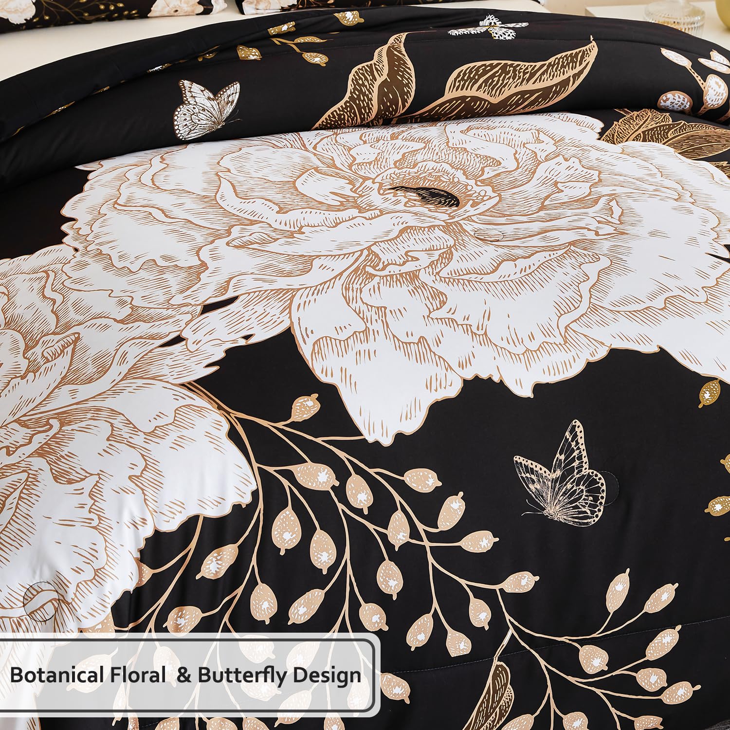 PERFEMET Floral Comforter Set King, White Botanical Flower and Gold Leaves Pattern Printed on Black Design, Soft Reversible Garden Style Butterfly Print Bedding Set for Men Women (Black, King)