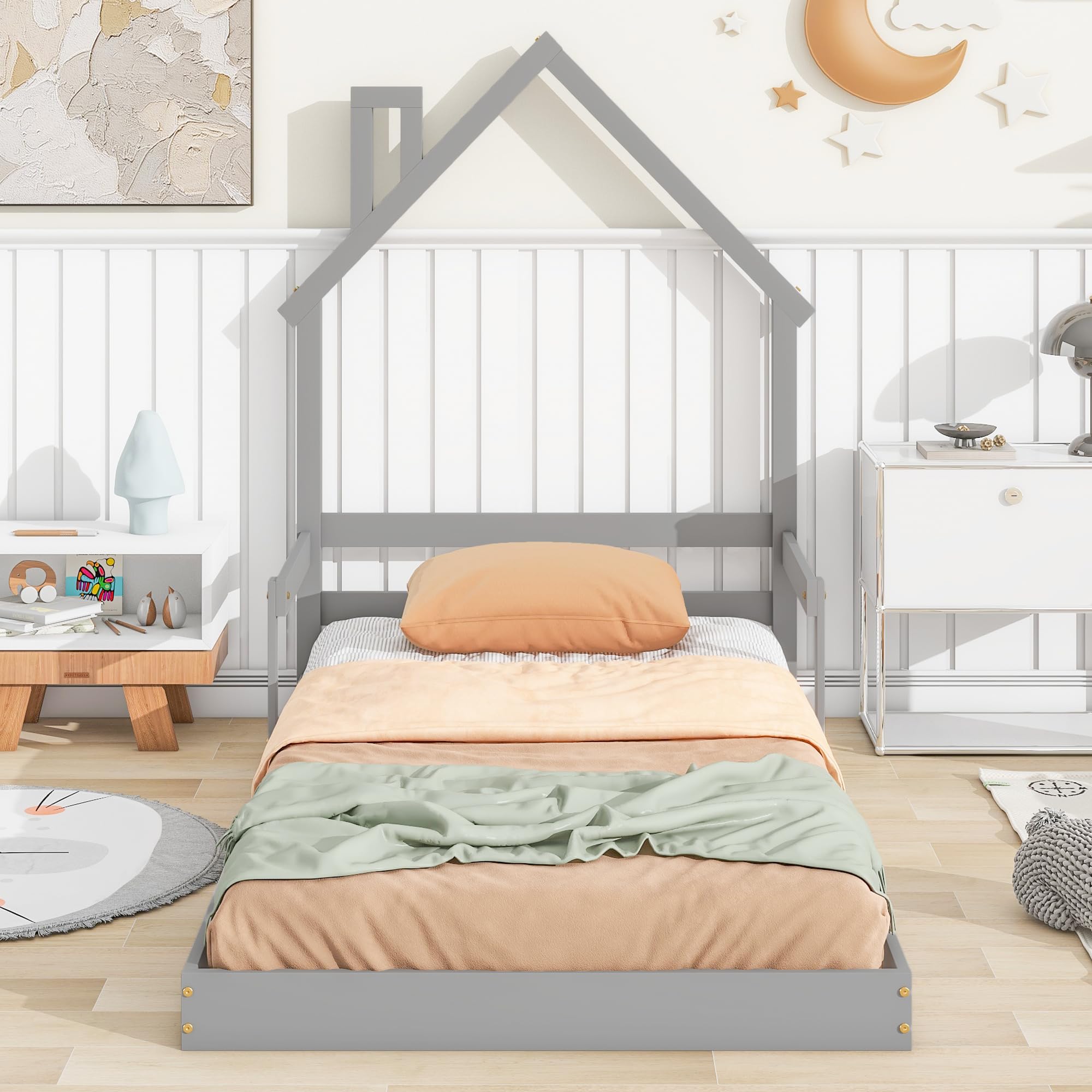 Floor Bed for Kids, Twin Size Montessori Bed with House Shape Headboard, Wood House Bed with Slats for Boys Girls, Low Platform Bed, No Box Spring Needed, Gray