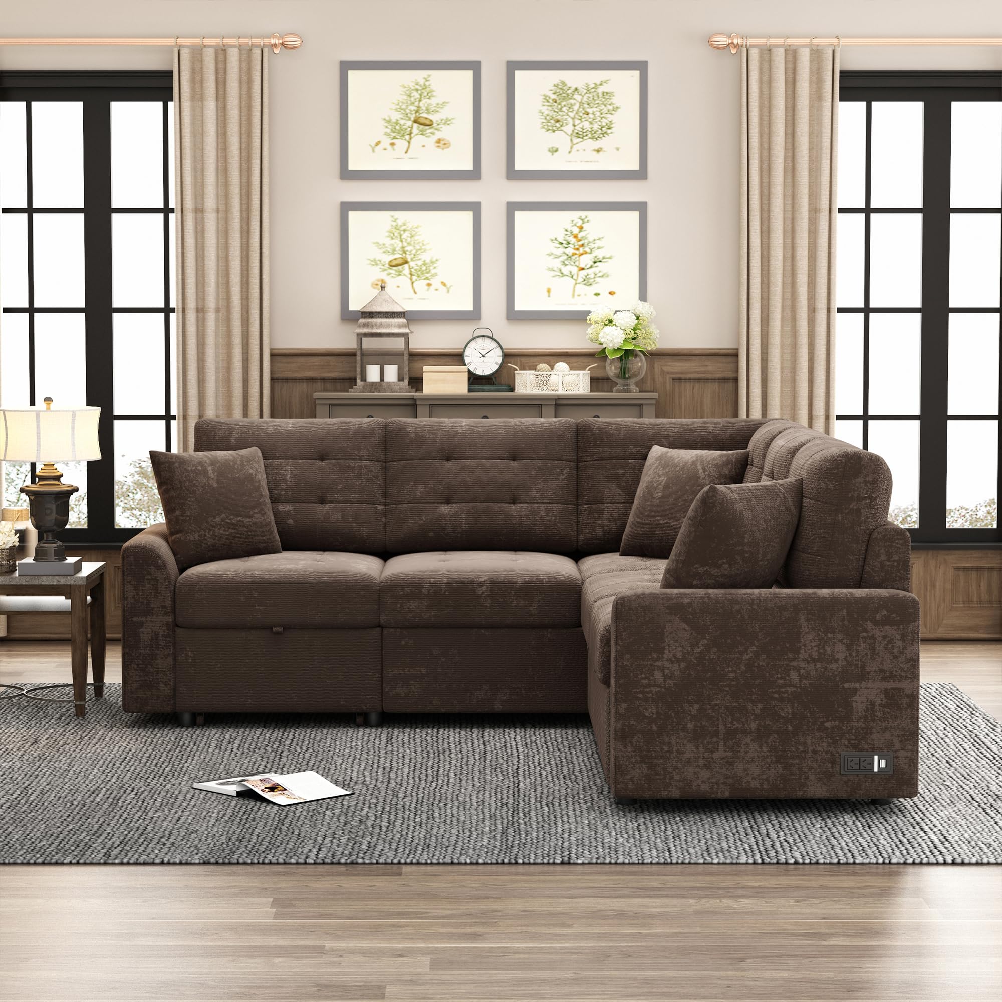 LZ LEISURE ZONE 82.6" L-Shape Sofa Bed, Pull-Out Sleeper Sofa with Wheels, USB Ports, Power Sockets for Living Room, Brown