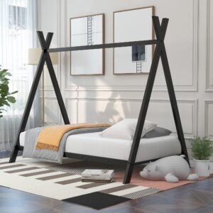 bellemave twin size floor bed frame for kids, metal montessori floor bed, twin house bed for kids girls boys, twin tent beds, black