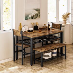 Lamerge Kitchen Tables Set for 4, Rectangular Dining Room Table Set with Bench and Chairs, 4 Pieces Dining Room Table Set with Storage Rack for Small Space, Breakfast Nook and Apartment, Rustic Brown