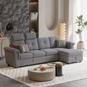 Jarenie Convertible Sectional Sofa, 4 Seat L Shaped Couch with Reversible Storage Chaise and Cupholder, Wooden Legs, Upholstered Fabric for Living Room, Apartment, Office (Light Grey)