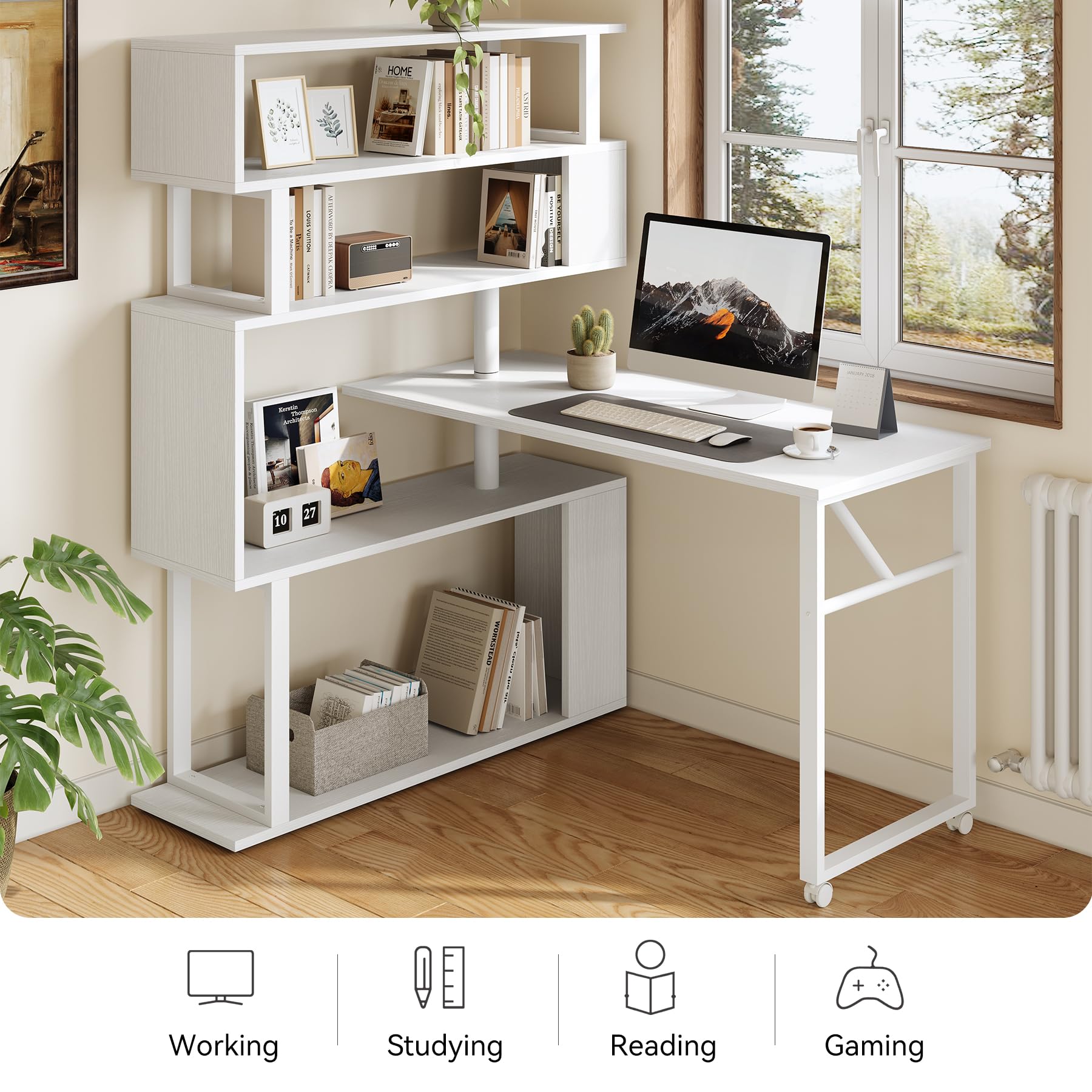 LITTLE TREE White Rotating Desk with Bookshelf, L-Shaped Computer Desk with Shelves, Reversible Writing Desk and Bookcase Combo with Storage for Home Office