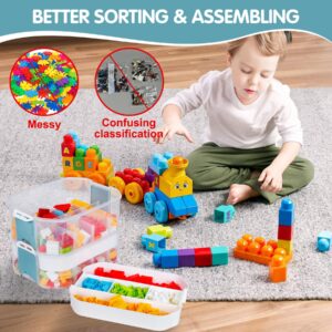 Kids Toy Storage Box for Lego Stackable Plastic Organizer Container Building Block Playroom Organization Bin with Bricks Baseplate Lid 2 Layers Clear Adjustable Compartments Portable Chest Case