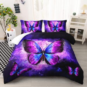 ailonen beautiful butterfly comforter set twin size, glowing purple butterfly bedding set for girls women,bohemian style bed in a bag,starry night duvet set,1 quilt 2 pillowcases,3 pcs