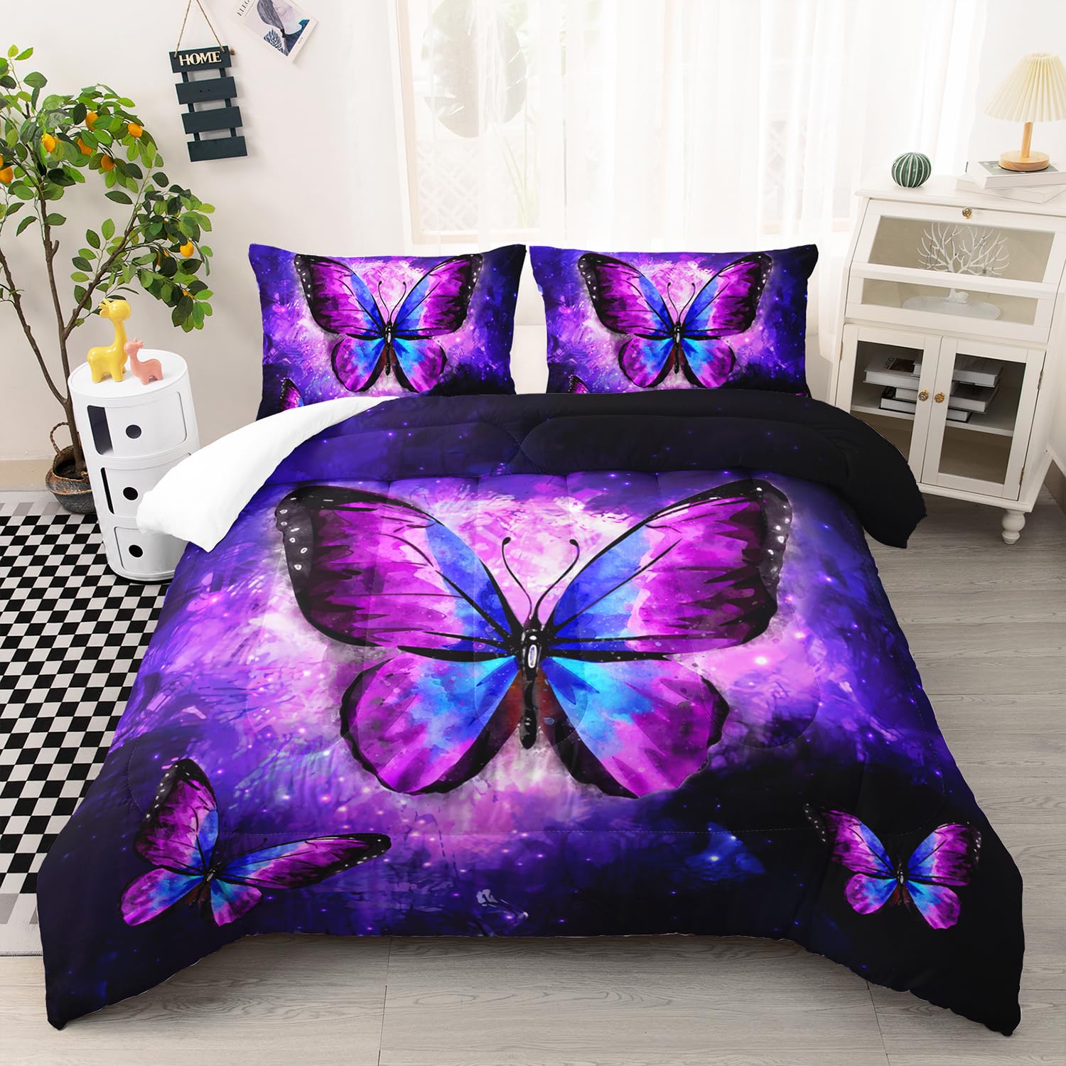 AILONEN Beautiful Butterfly Comforter Set Twin Size, Glowing Purple Butterfly Bedding Set for Girls Women,Bohemian Style Bed in a Bag,Starry Night Duvet Set,1 Quilt 2 Pillowcases,3 PCS