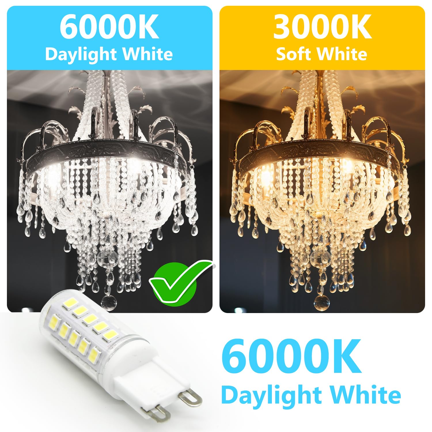 DAYBETTER G9 Led Bulb 12Pack 6000K Daylight White 4W, Equivalen G9 Halogen Light Bulb 40 Watt, T4 G9 Bi Pin Ceramic Base, 120V 450LM No-Flicker 360° Beam Angle Non-Dimmable, G9 Bulb for Chandeliers