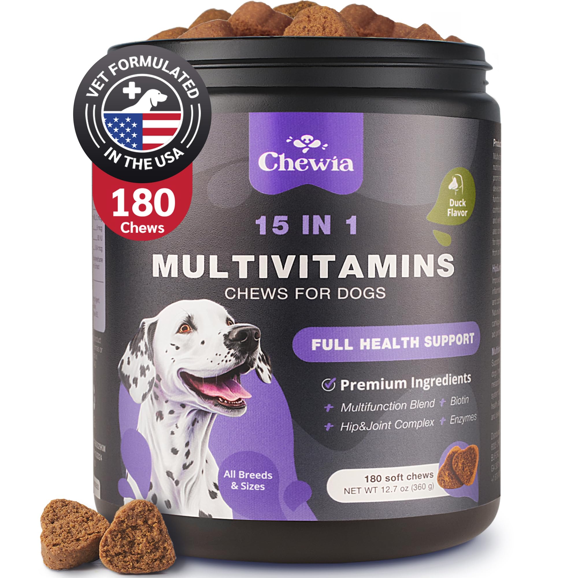 Dog Vitamins 15 in 1 - Dog Multivitamin Chews with MSM for Hip & Joint Health - Dog Supplement for Itchy Skin Relief - Multivitamin for Dogs Immune Support with Enzymes - Skin & Coat, Mobility Support