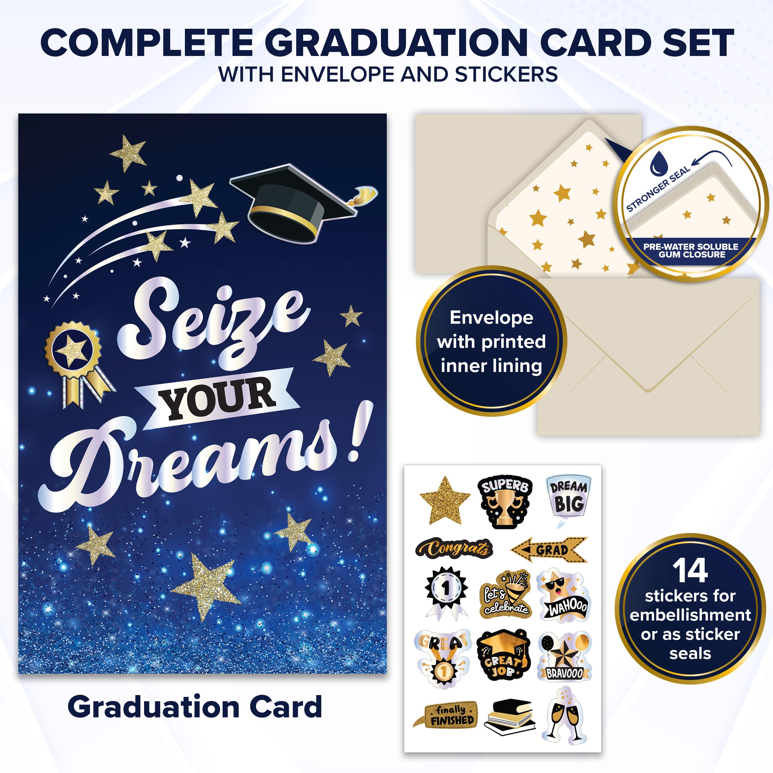 Decorably Individual Seasonal Greeting Card with Envelope & Stickers - Glittery & Holographic Graduation Card Set With Embossed Graduation Cap & Badge, 5x8in Graduation Cards For Her