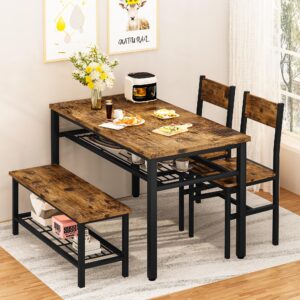 lamerge kitchen tables set for 4, rectangular dining room table set with bench and chairs, 4 pieces dining room table set with storage rack for small space, breakfast nook and apartment, rustic brown