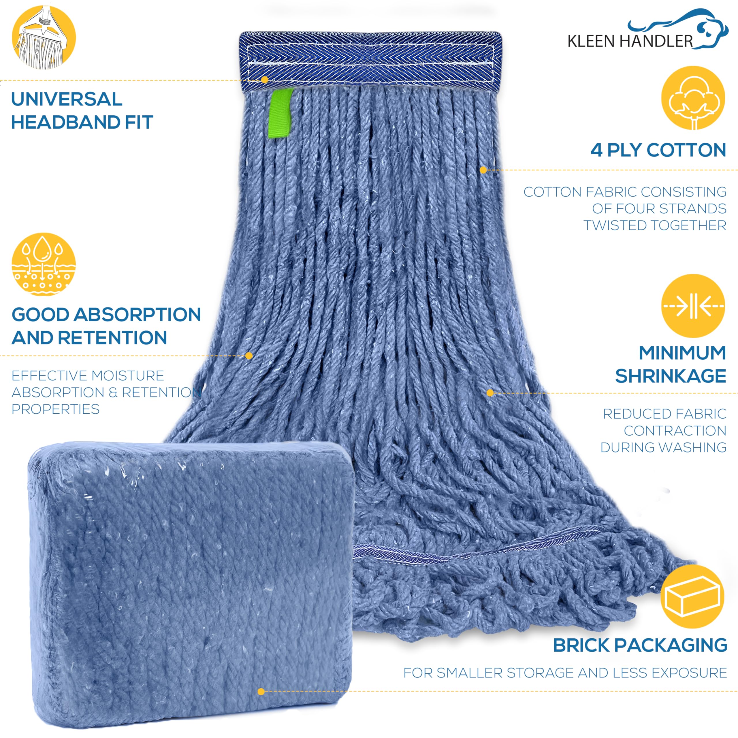 KLEEN HANDLER Blended Loop End Heavy Duty Mop Head Replacement, Wet Mop Refills for Commercial and Household Floor Cleaning, Blue, 20 Oz (6-Pack)