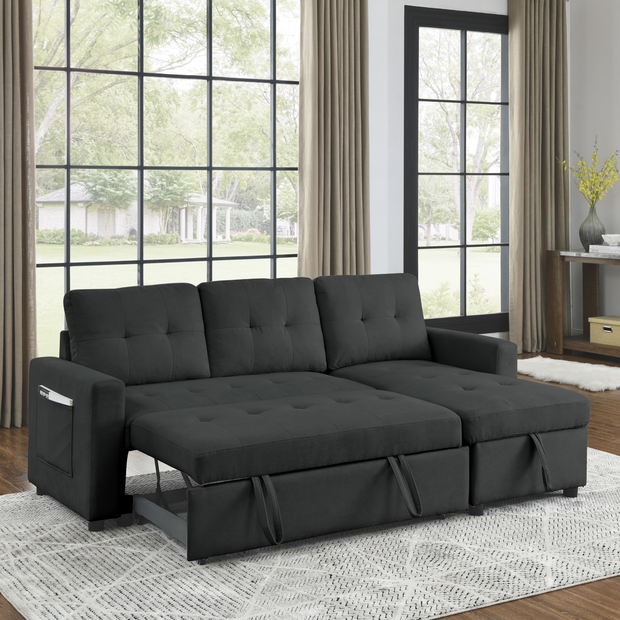 Pull Out Sleeper Sofa Convertible L-Shape Sofa Bed Reversible Sectional Couch with Storage Chaise and Side Storage Bag, Living Room Sofa Set for Living Room (Black)