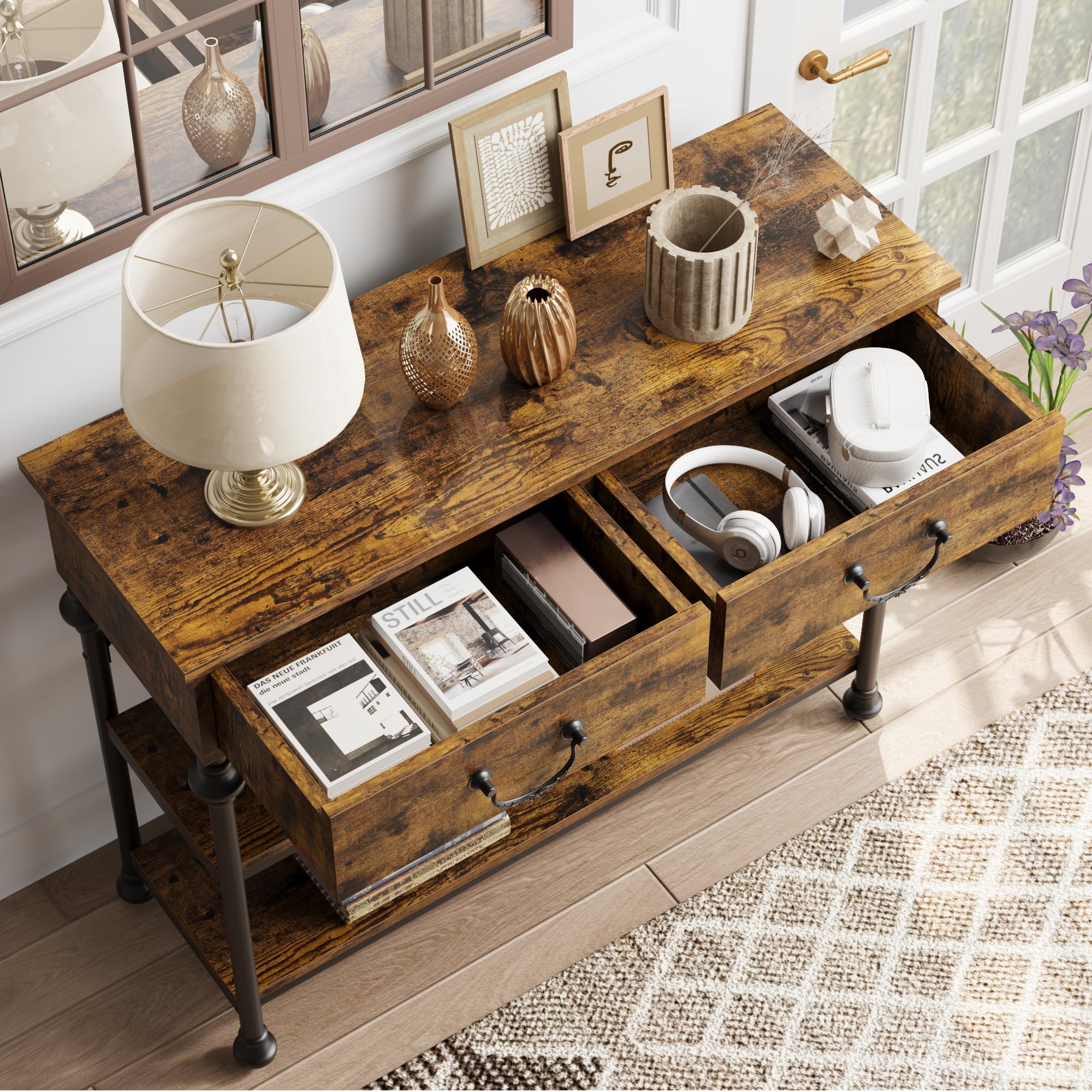 IDEALHOUSE Console Tables for Entryway, Small Entryway Table with 2 Drawers, Narrow Console Table with Storage Shelves for Living Room, Hallway Table, Sofa Table, Rustic Brown