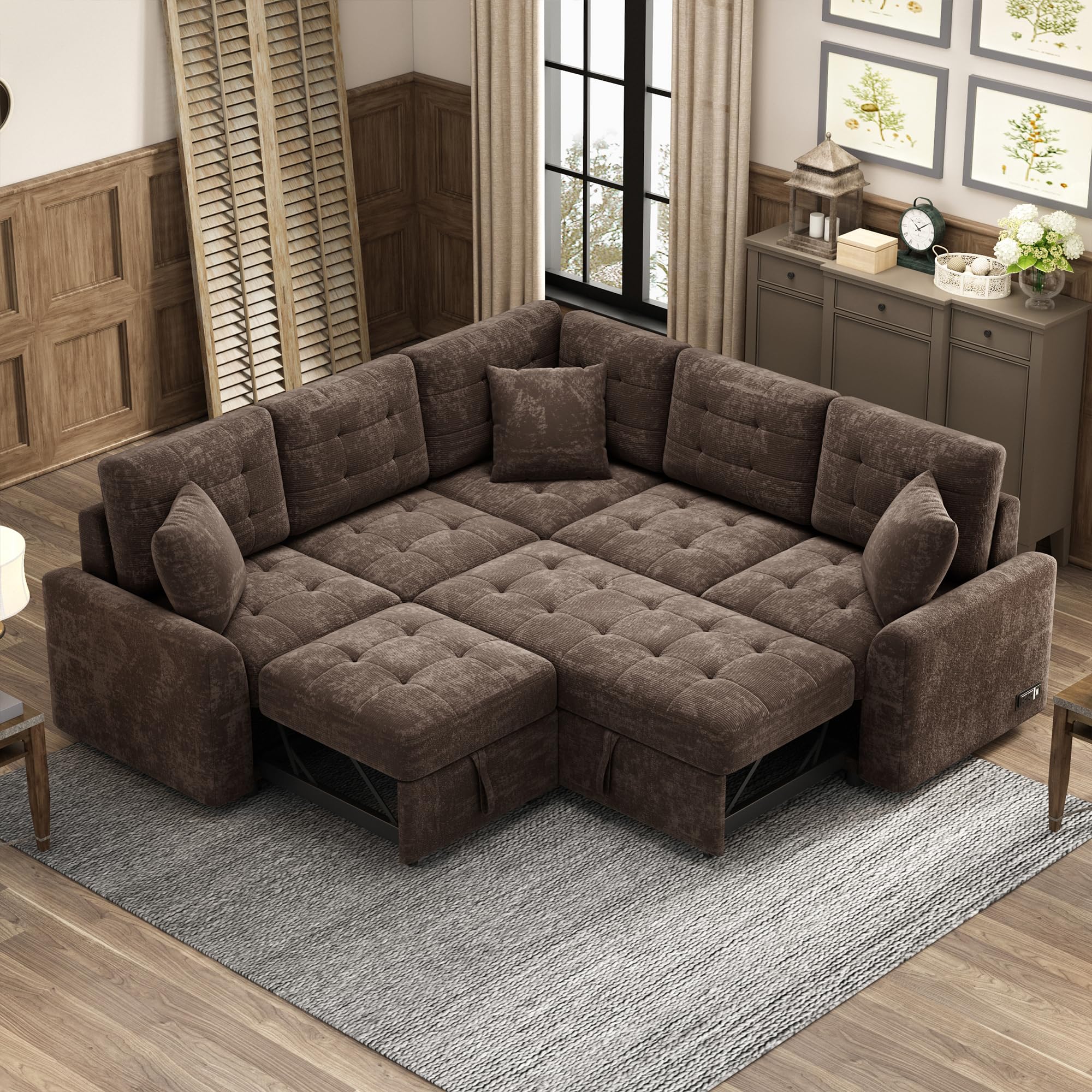 LZ LEISURE ZONE 82.6" L-Shape Sofa Bed, Pull-Out Sleeper Sofa with Wheels, USB Ports, Power Sockets for Living Room, Brown