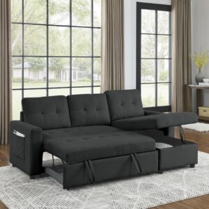 Pull Out Sleeper Sofa Convertible L-Shape Sofa Bed Reversible Sectional Couch with Storage Chaise and Side Storage Bag, Living Room Sofa Set for Living Room (Black)