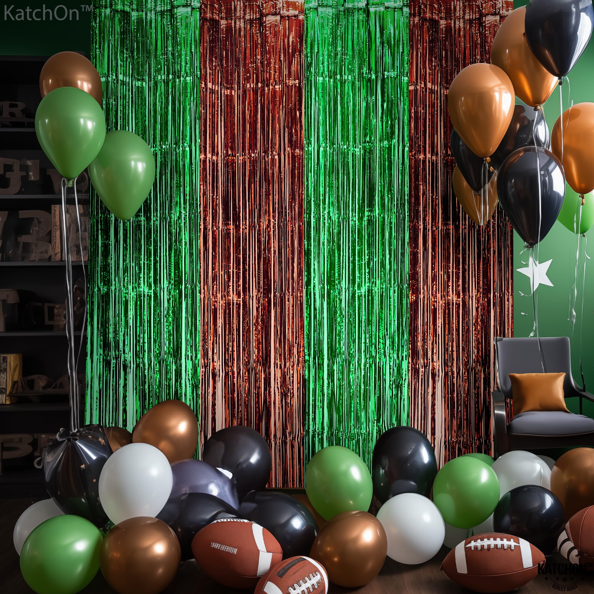 KatchOn, XtraLarge 13x8 Feet Green and Brown Football Backdrop - Pack of 4 Football Fringe Curtain | Football Streamers, Football Party Backdrop | Super Football Bowl Sunday Football Party Decorations