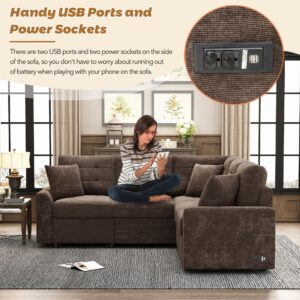 LZ LEISURE ZONE 82.6" L-Shape Sofa Bed, Pull-Out Sleeper Sofa with Wheels, USB Ports, Power Sockets for Living Room, Brown