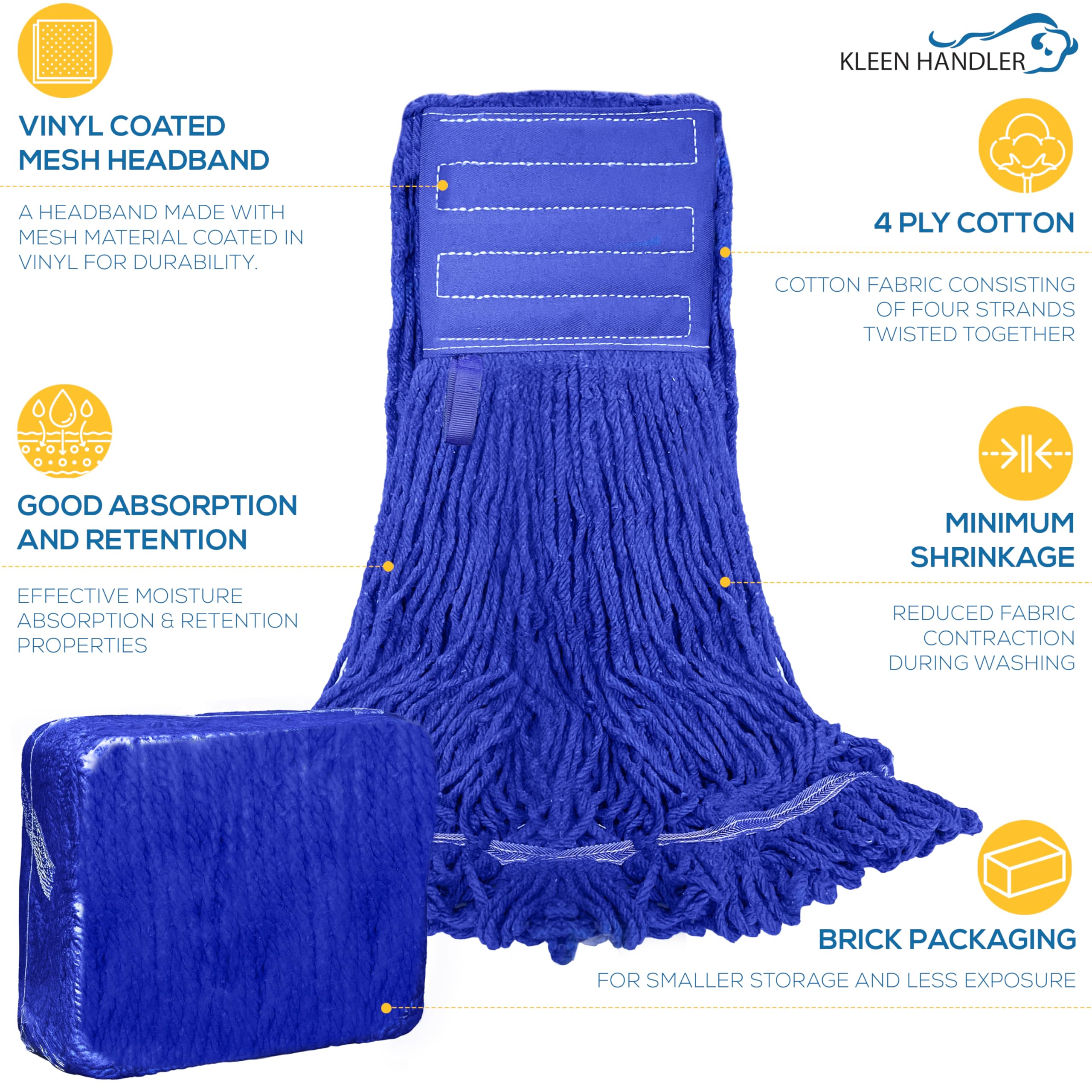 KLEEN HANDLER Blended Loop End Heavy Duty Mop Head Replacement, Wet Mop Refills for Industrial and Commercial Use, Dark Blue, 32 Oz (3-Pack)