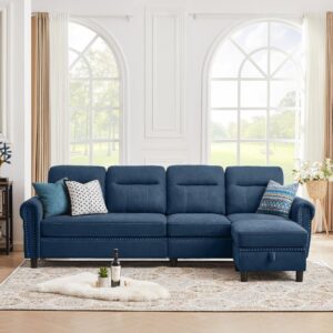 Jarenie 107" Convertible Sectional Sofa, 4-Seat L Shaped Couch with Storage Chaise and Side Pocket, Modern Linen Fabric Sectional Couches for Living Room, Dark Blue